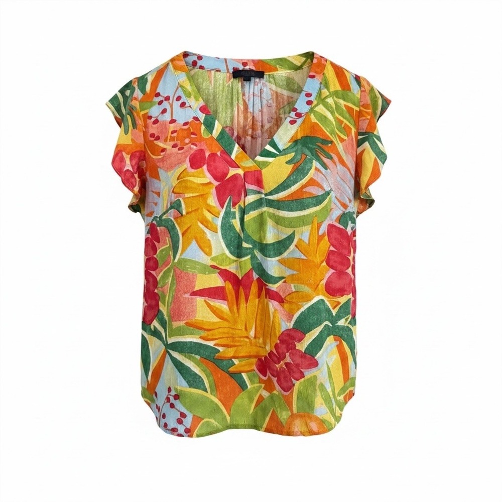 Rachel Roy Women 1X Top Floral Tropical V-Neck Flutter Sleeve Rayon Multi